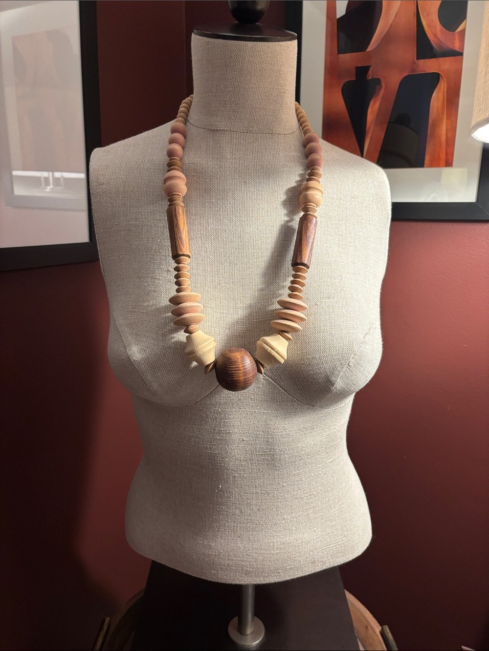 Vintage Wood Beaded Statement Necklace